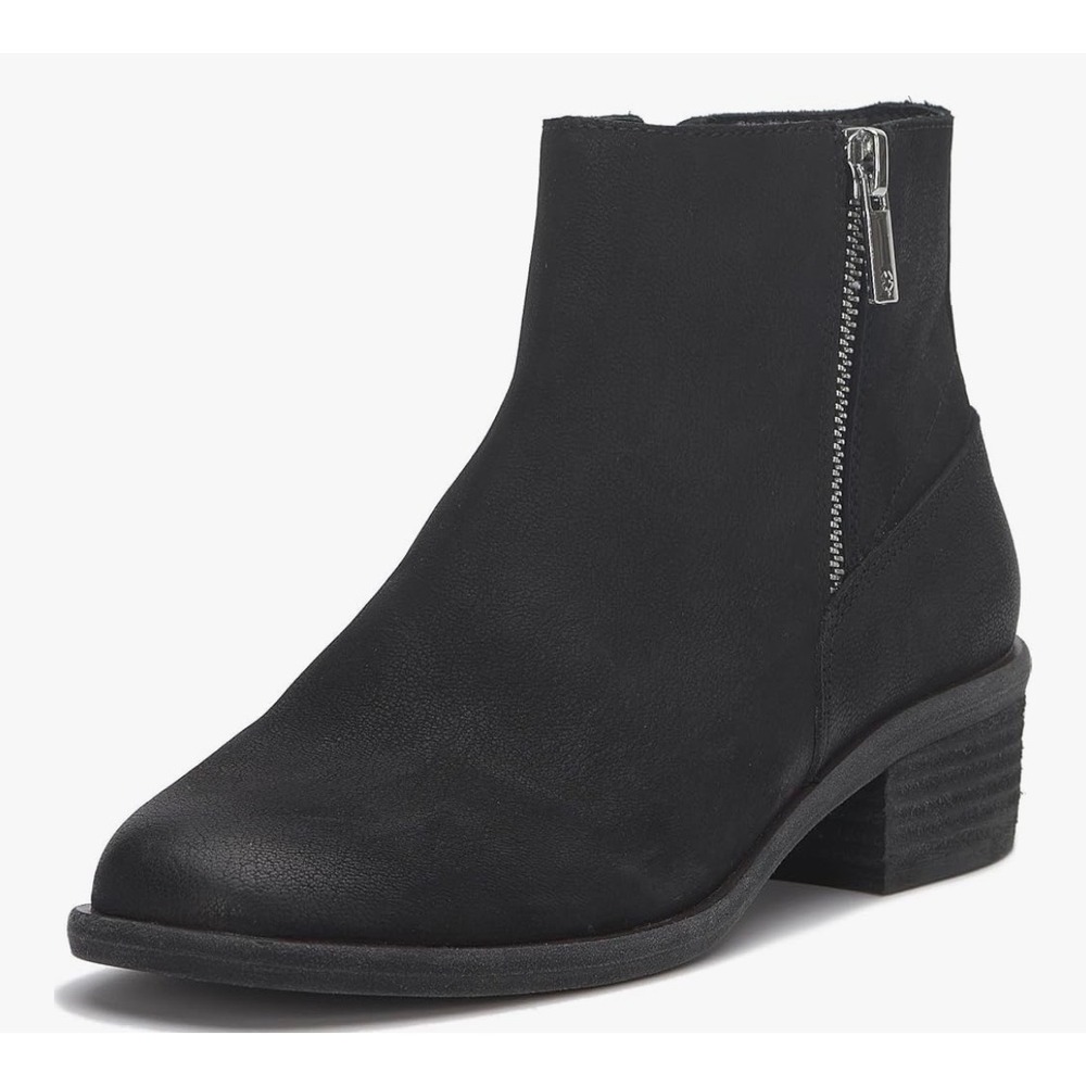 Lucky Brand Baelee Black Leather Ankle Boots Side Zip‎ Block Heel Size 6 NEW